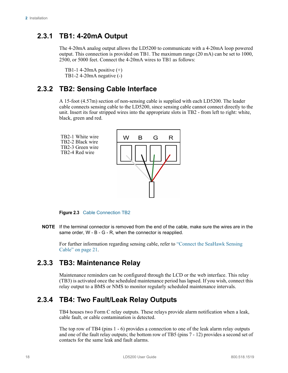 1 tb1: 4-20ma output, 2 tb2: sensing cable interface, 3 tb3: maintenance relay | 4 tb4: two fault/leak relay outputs, Figure 2.3, Cable connection tb2 | RLE LD5200 V.2.3 User Manual | Page 18 / 118