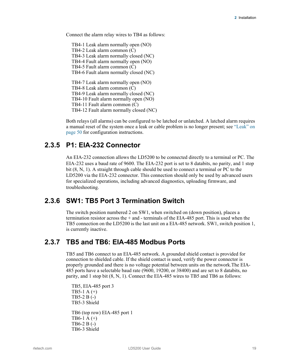 5 p1: eia-232 connector, 6 sw1: tb5 port 3 termination switch, 7 tb5 and tb6: eia-485 modbus ports | RLE LD5200 V.2.3 User Manual | Page 19 / 118