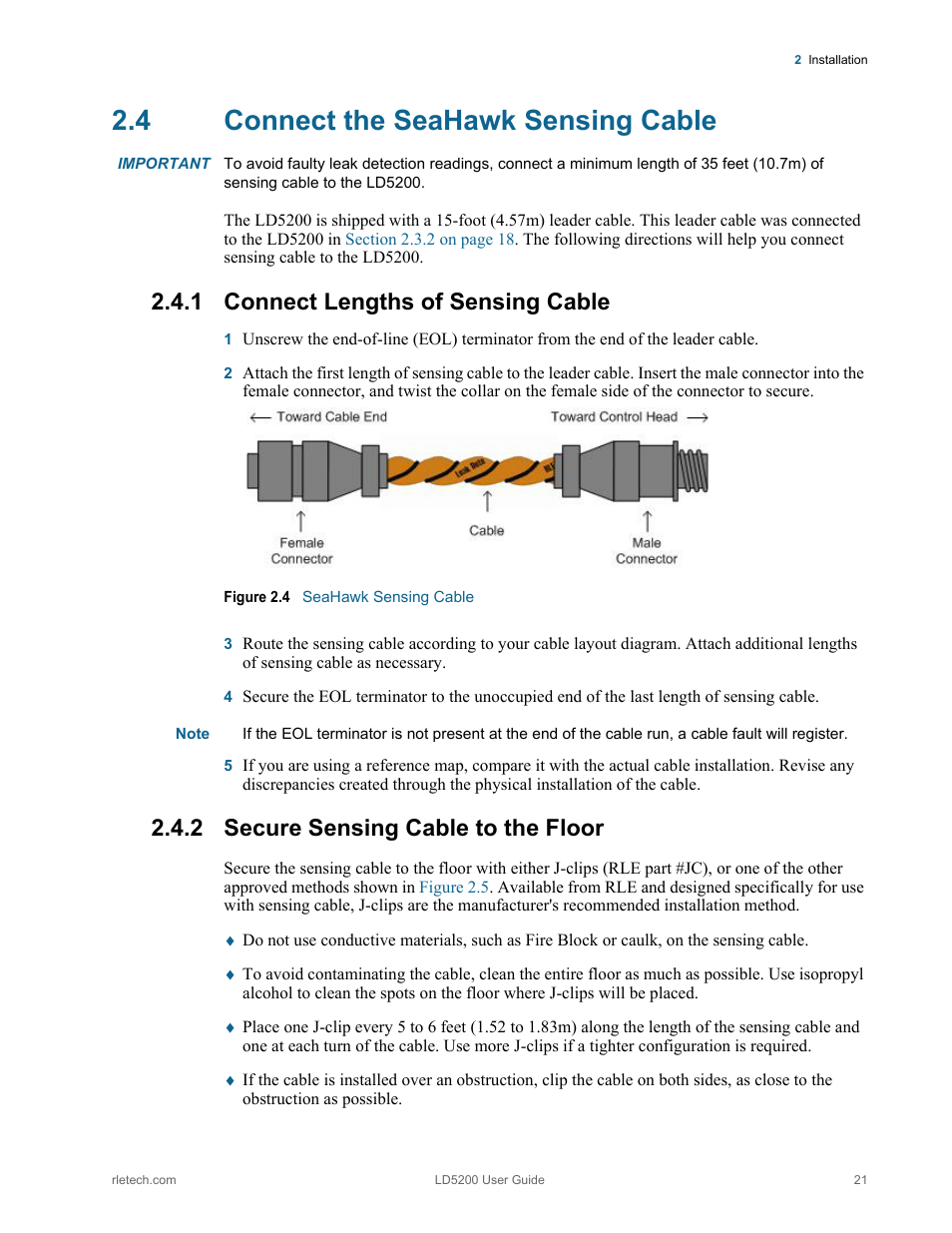 4 connect the seahawk sensing cable, 1 connect lengths of sensing cable, 2 secure sensing cable to the floor | Connect the seahawk sensing cable, Figure 2.4, Seahawk sensing cable | RLE LD5200 V.2.3 User Manual | Page 21 / 118