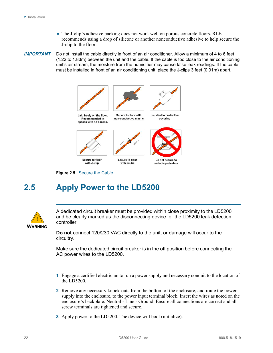 5 apply power to the ld5200, Apply power to the ld5200, Figure 2.5 | Secure the cable | RLE LD5200 V.2.3 User Manual | Page 22 / 118