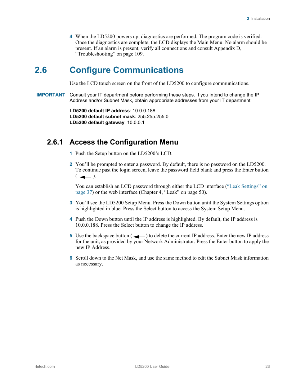 6 configure communications, 1 access the configuration menu, Configure communications | Access the configuration menu | RLE LD5200 V.2.3 User Manual | Page 23 / 118