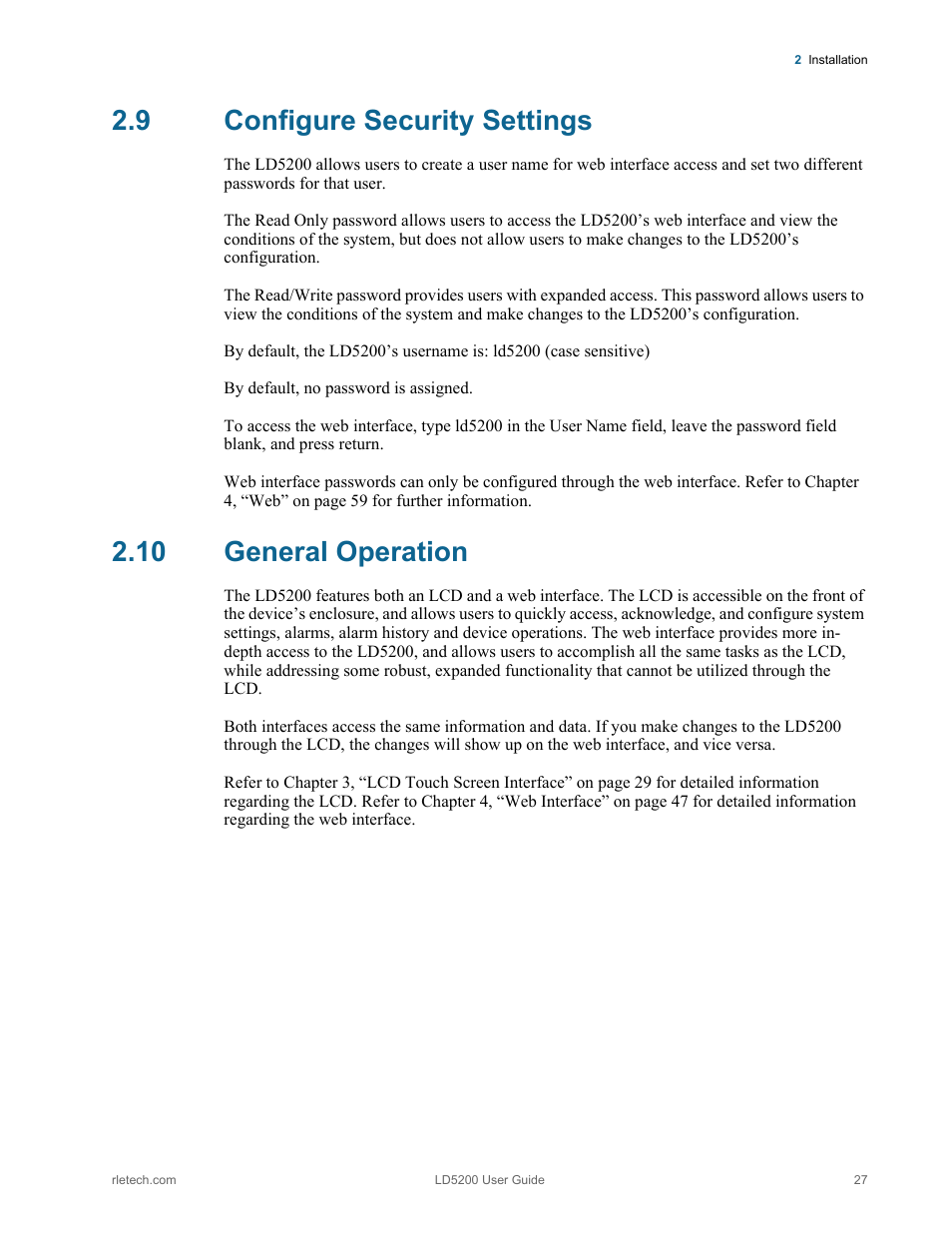 9 configure security settings, 10 general operation, Configure security settings general operation | RLE LD5200 V.2.3 User Manual | Page 27 / 118