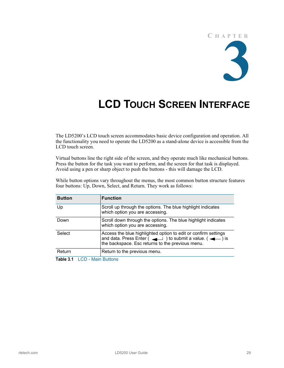 Lcd touch screen interface, Table 3.1, Lcd - main buttons | Lcd t, Ouch, Creen, Nterface | RLE LD5200 V.2.3 User Manual | Page 29 / 118