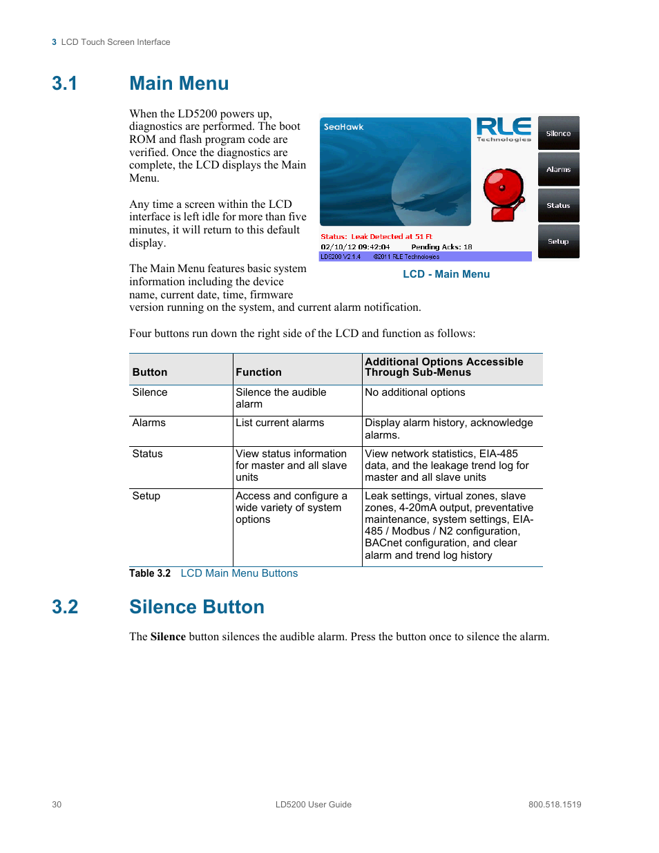 1 main menu, 2 silence button, Main menu silence button | Table 3.2, Lcd main menu buttons | RLE LD5200 V.2.3 User Manual | Page 30 / 118