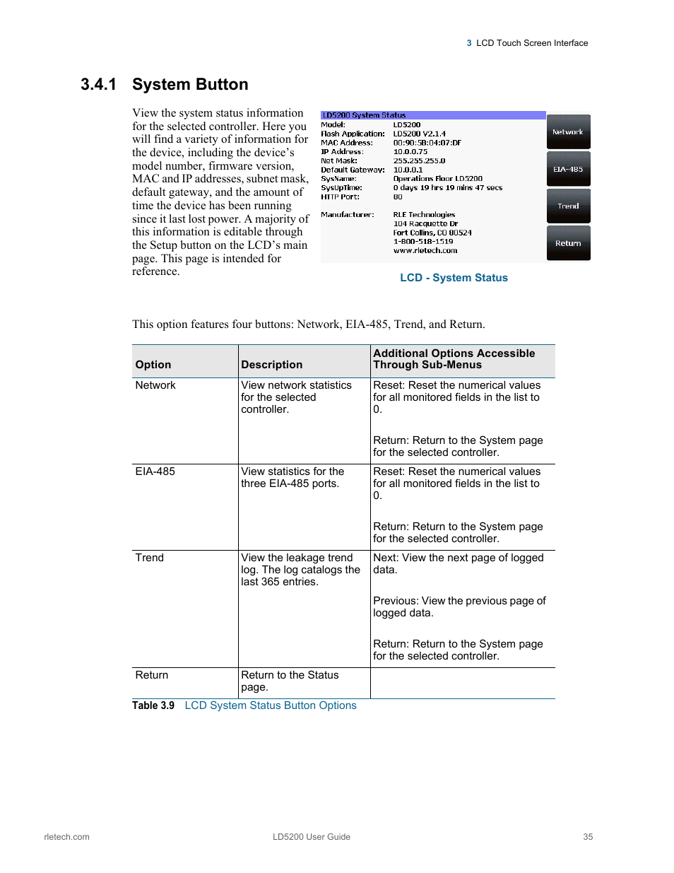 1 system button, System button, Table 3.9 | Lcd system status button options | RLE LD5200 V.2.3 User Manual | Page 35 / 118