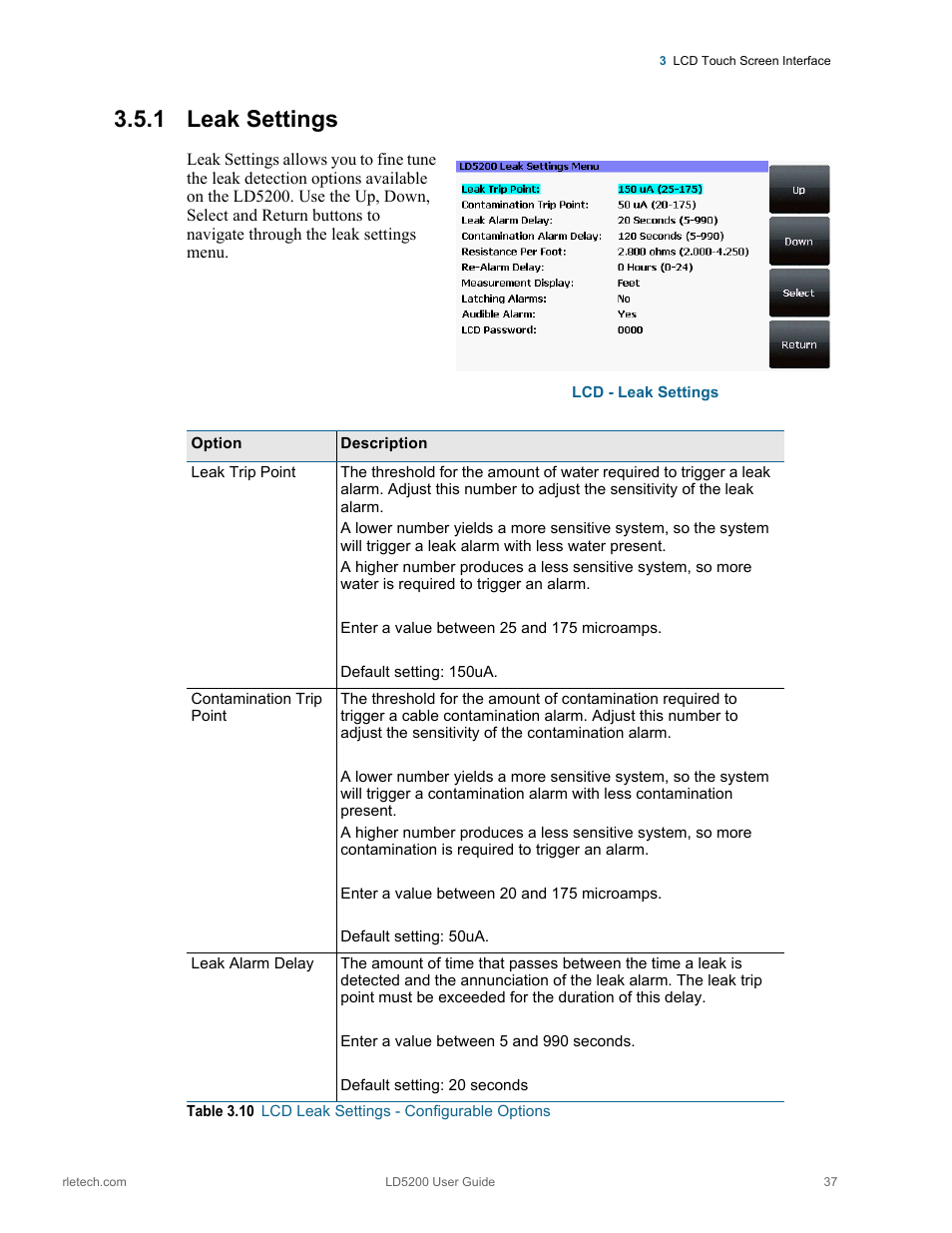 1 leak settings, Leak settings, Table 3.10 | Lcd leak settings - configurable options, Leak settings” on, Or the we | RLE LD5200 V.2.3 User Manual | Page 37 / 118