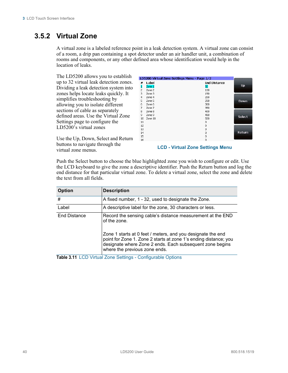 2 virtual zone, Virtual zone, Table 3.11 | Lcd virtual zone settings - configurable options | RLE LD5200 V.2.3 User Manual | Page 40 / 118