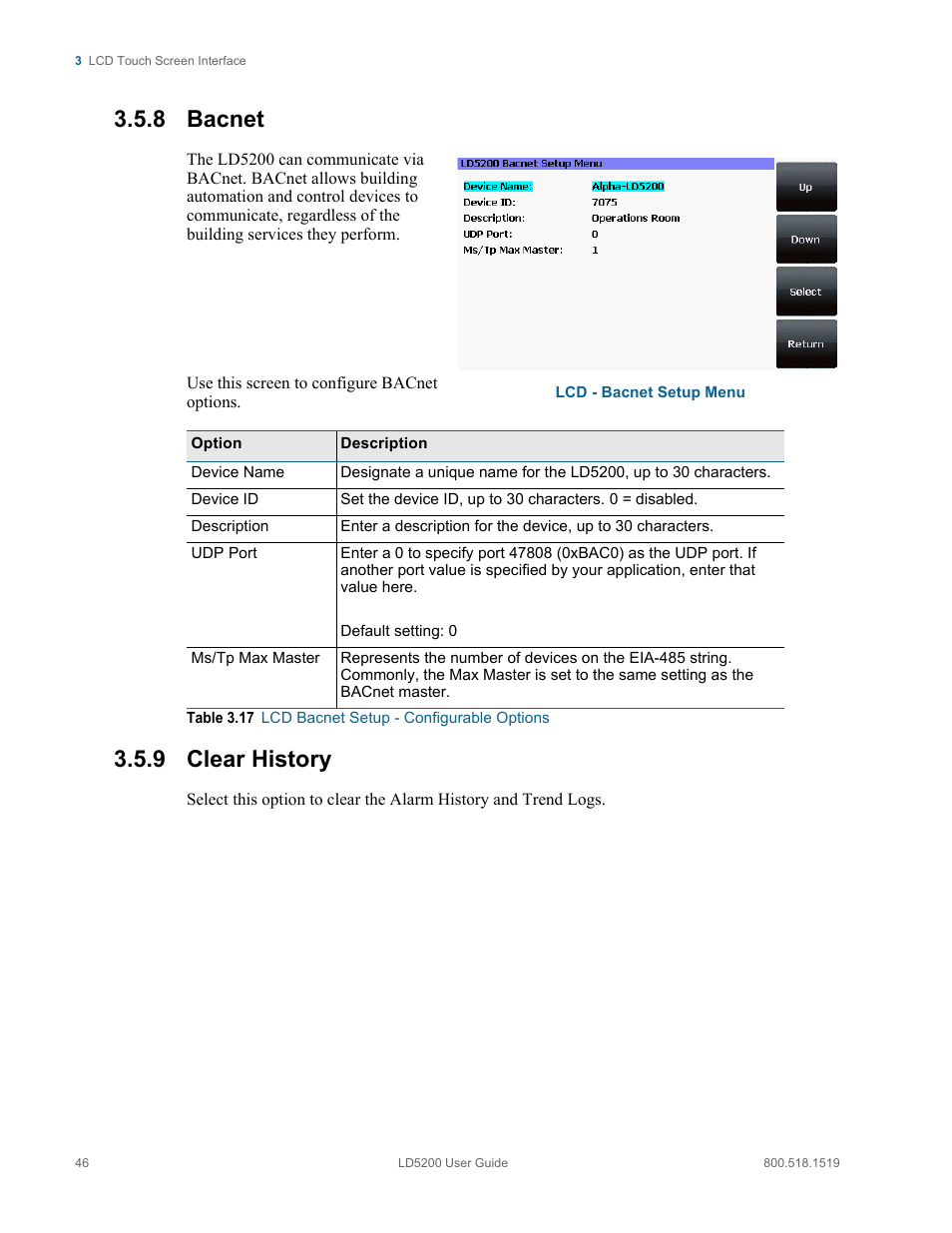 8 bacnet, 9 clear history, Bacnet clear history | Table 3.17, Lcd bacnet setup - configurable options | RLE LD5200 V.2.3 User Manual | Page 46 / 118