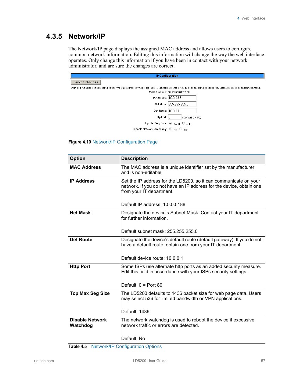 5 network/ip, Network/ip, Table 4.5 | Network/ip configuration options | RLE LD5200 V.2.3 User Manual | Page 57 / 118