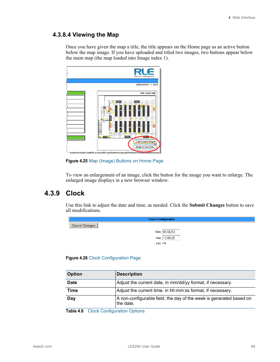 4 viewing the map, 9 clock, Viewing the map | Clock, Table 4.8, Clock configuration options | RLE LD5200 V.2.3 User Manual | Page 69 / 118