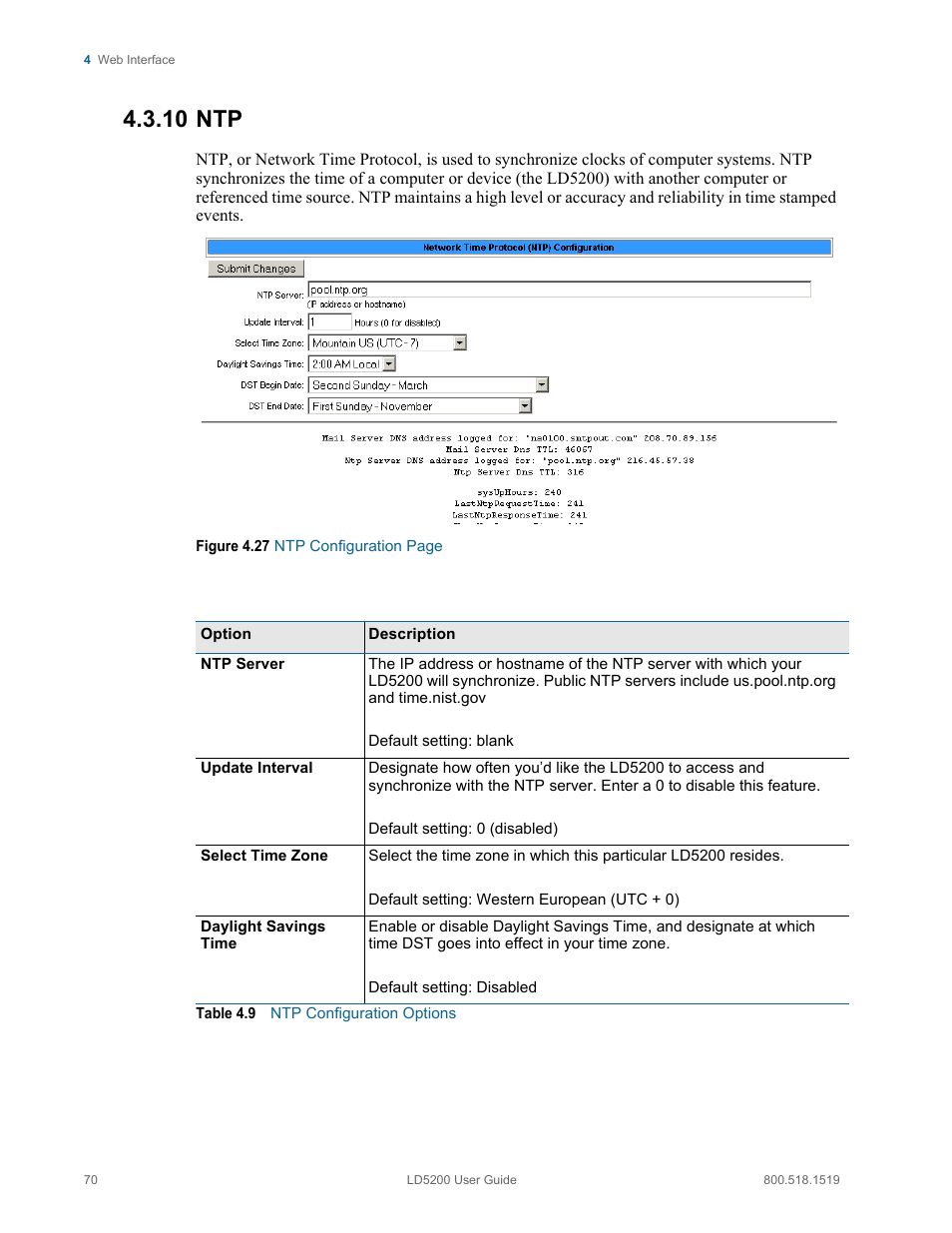 10 ntp, Table 4.9, Ntp configuration options | RLE LD5200 V.2.3 User Manual | Page 70 / 118