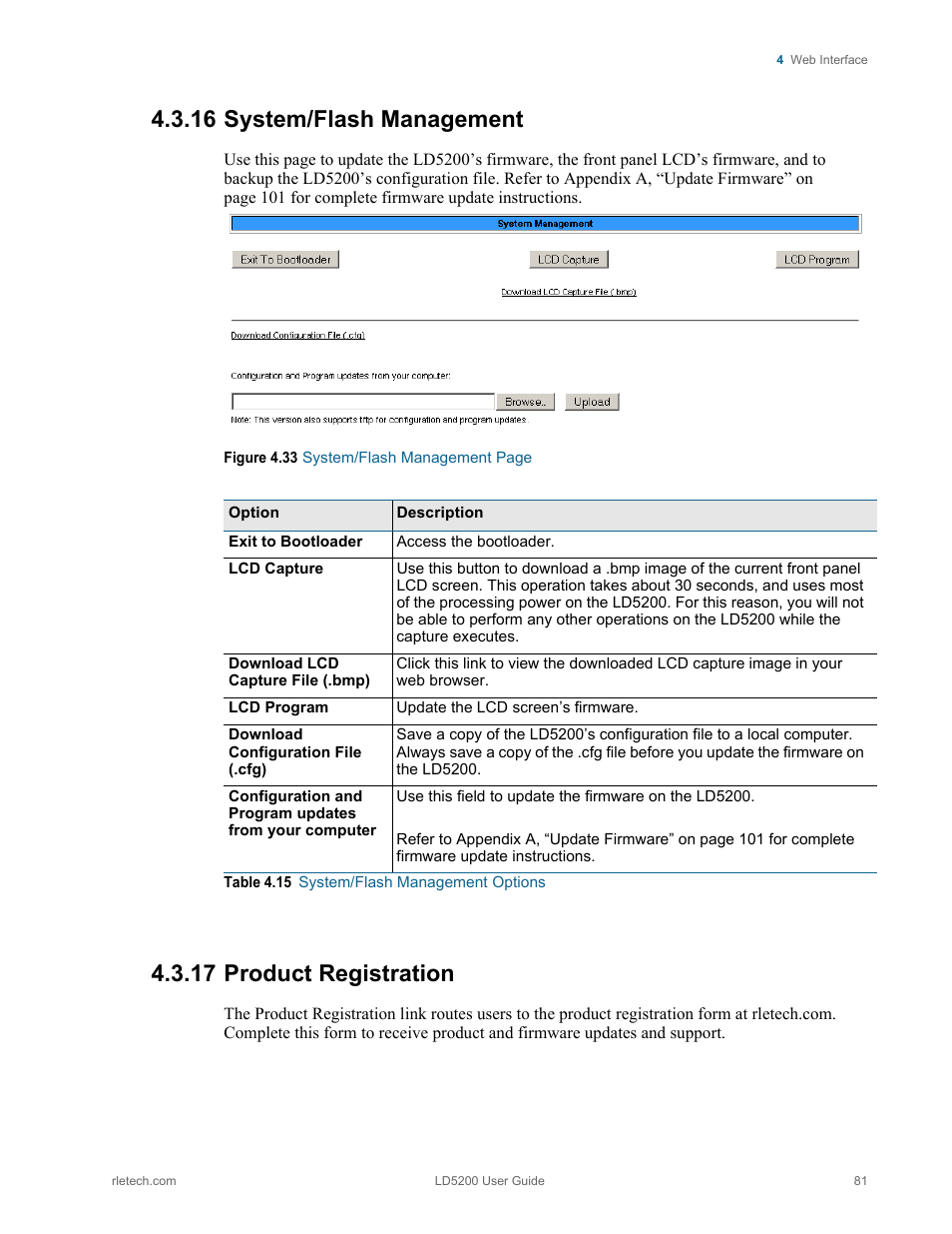 16 system/flash management, 17 product registration, System/flash management product registration | Table 4.15, System/flash management options | RLE LD5200 V.2.3 User Manual | Page 81 / 118