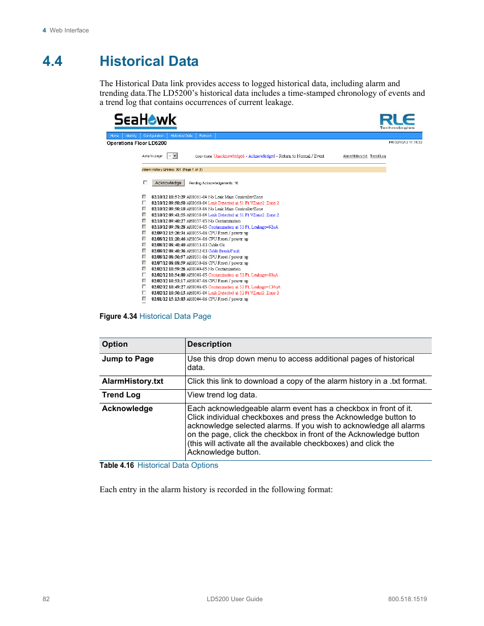 4 historical data, Historical data, Table 4.16 | Historical data options | RLE LD5200 V.2.3 User Manual | Page 82 / 118