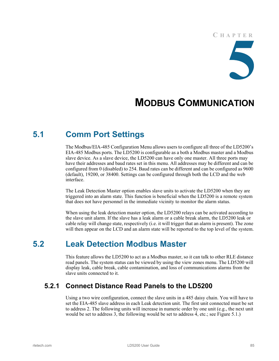 Modbus communication, 1 comm port settings, 2 leak detection modbus master | 1 connect distance read panels to the ld5200, Comm port settings leak detection modbus master, Connect distance read panels to the ld5200, Odbus, Ommunication | RLE LD5200 V.2.3 User Manual | Page 85 / 118