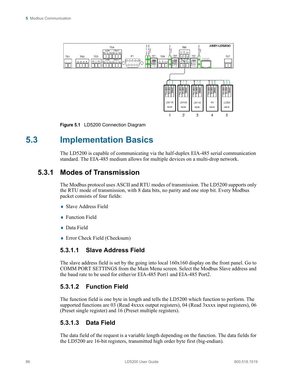 3 implementation basics, 1 modes of transmission, 1 slave address field | 2 function field, 3 data field, Implementation basics, Modes of transmission, Slave address field function field data field, Figure 5.1 ld5200 connection diagram | RLE LD5200 V.2.3 User Manual | Page 86 / 118