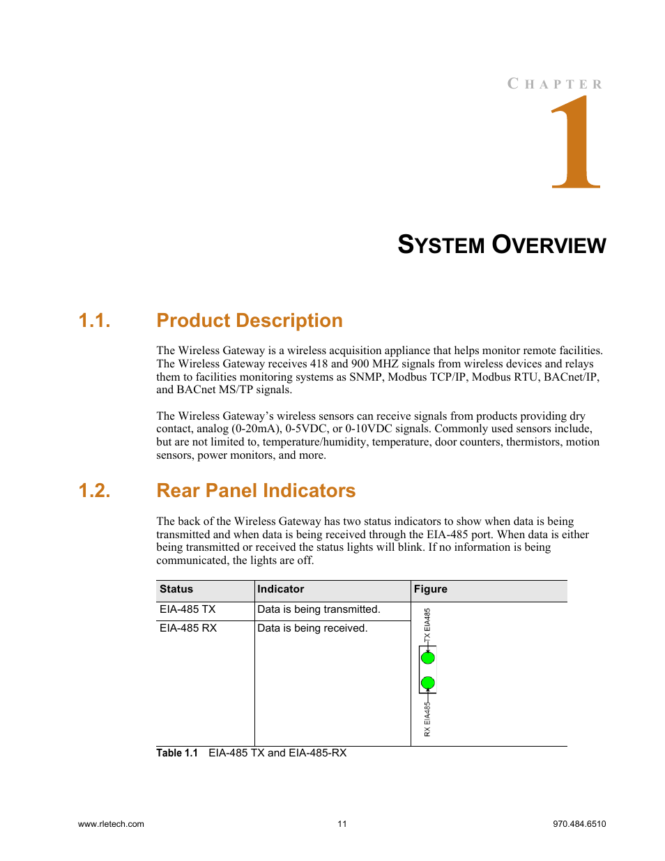 System overview, Product description, Rear panel indicators | Product description rear panel indicators, Table 1.1, Eia-485 tx and eia-485-rx, Ystem, Verview | RLE FDS-Wi V.2.5 User Manual | Page 11 / 74