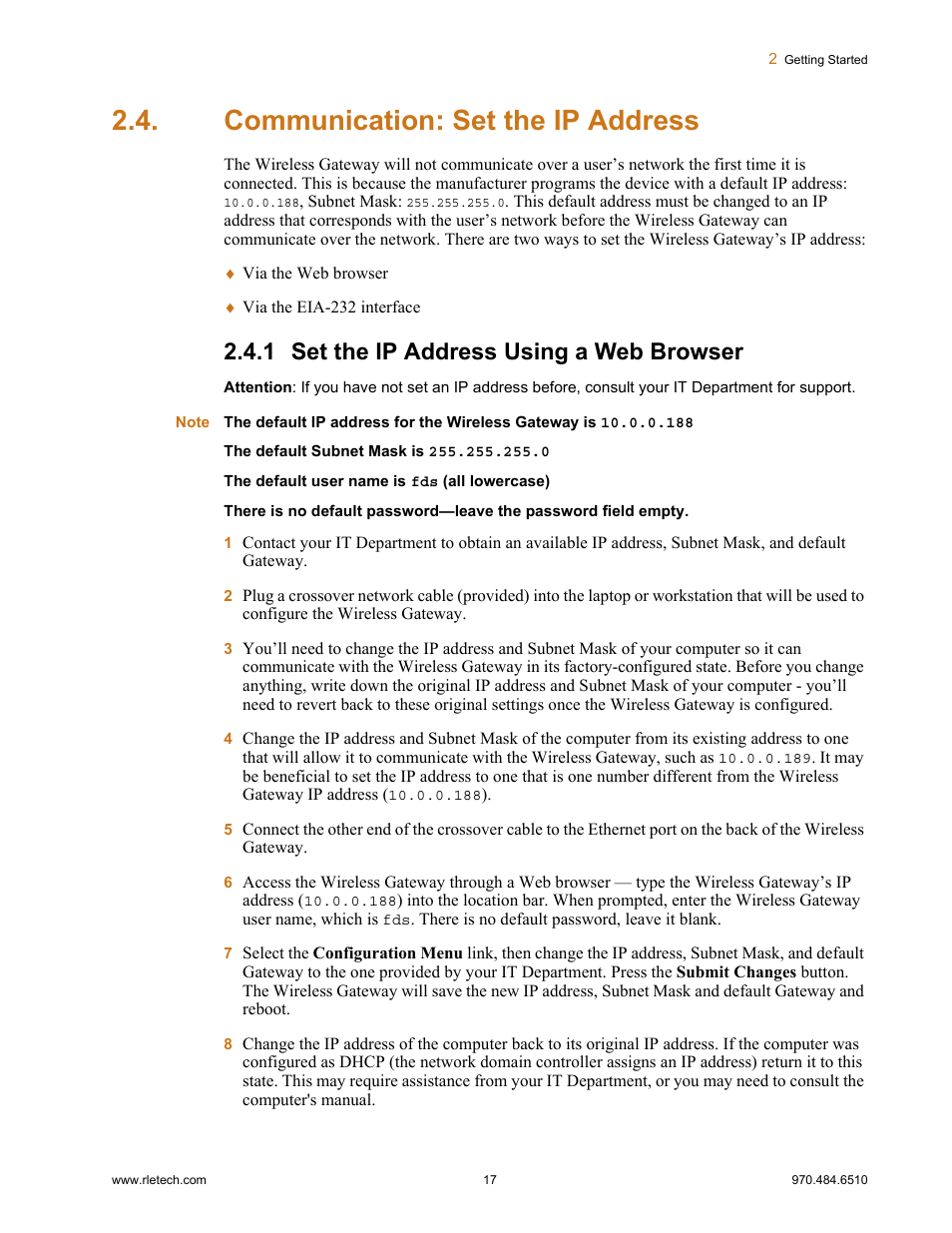 Communication: set the ip address, 1 set the ip address using a web browser, Set the ip address using a web browser | RLE FDS-Wi V.2.5 User Manual | Page 17 / 74