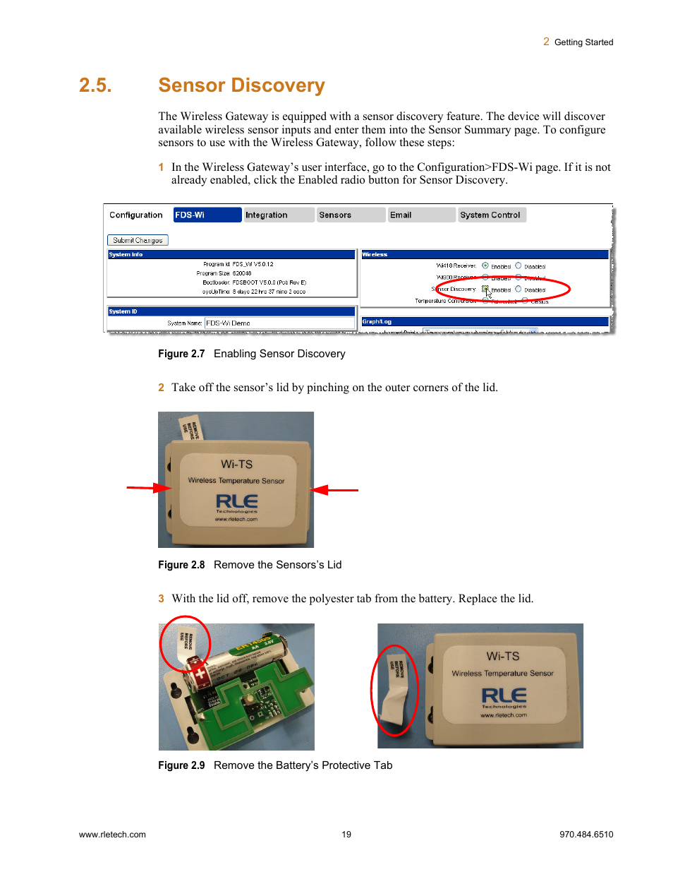 Sensor discovery, Figure 2.7, Enabling sensor discovery | Figure 2.8, Remove the sensors’s lid, Figure 2.9, Remove the battery’s protective tab | RLE FDS-Wi V.2.5 User Manual | Page 19 / 74
