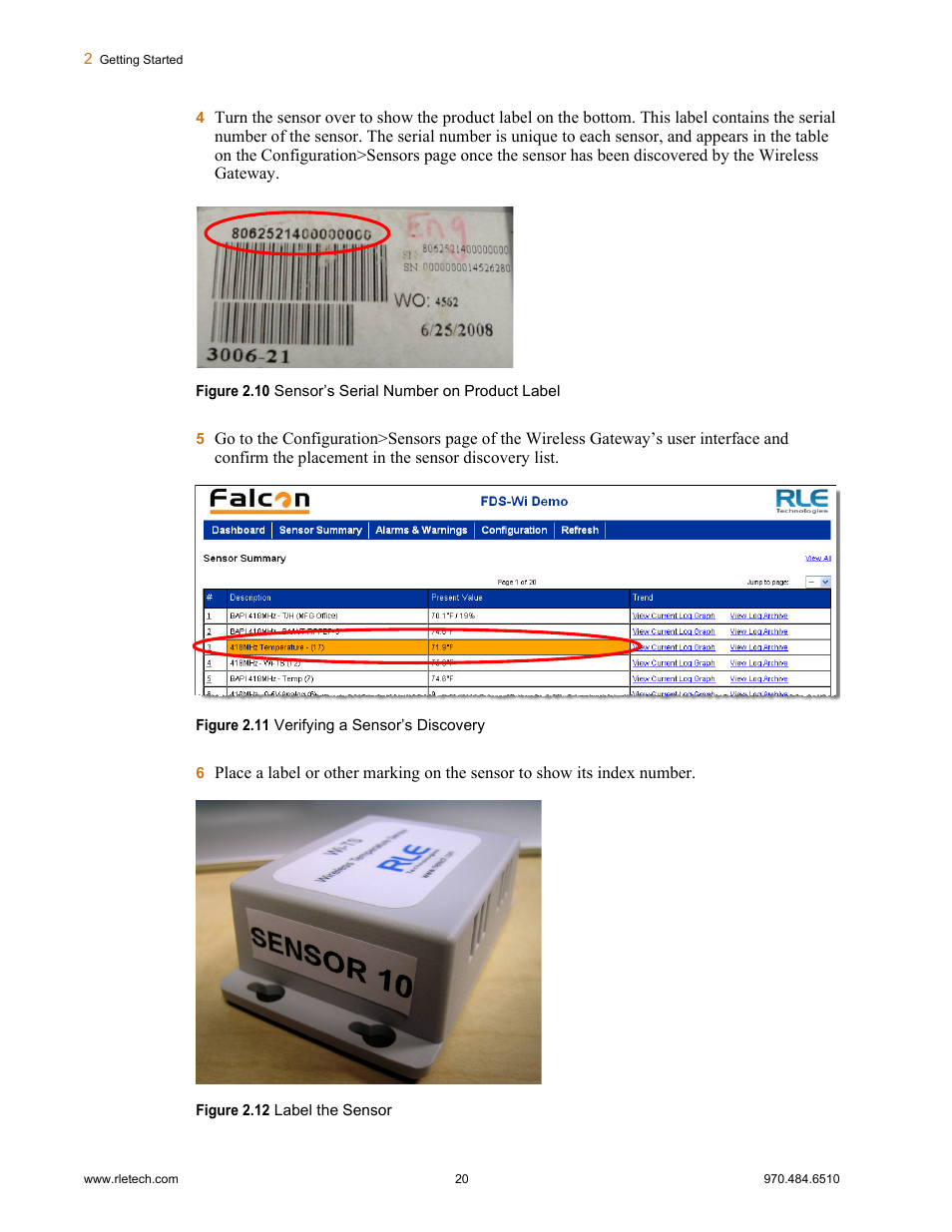 Figure 2.10, Sensor’s serial number on product label, Figure 2.11 | Verifying a sensor’s discovery, Figure 2.12, Label the sensor | RLE FDS-Wi V.2.5 User Manual | Page 20 / 74