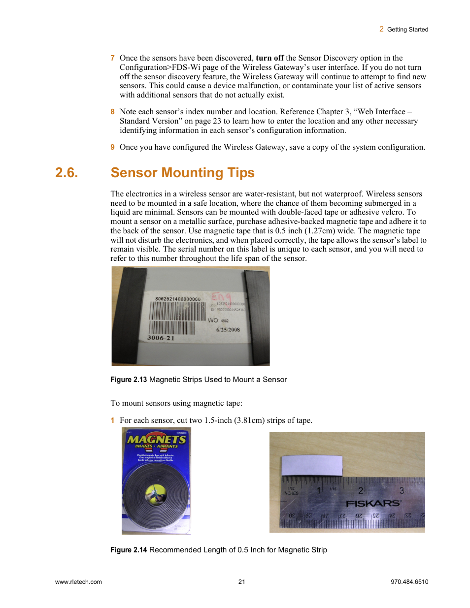 Sensor mounting tips, Figure 2.13, Magnetic strips used to mount a sensor | Figure 2.14, Recommended length of 0.5 inch for magnetic strip | RLE FDS-Wi V.2.5 User Manual | Page 21 / 74