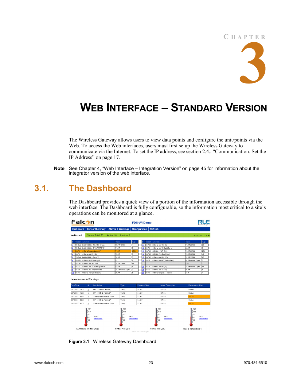 Web interface – standard version, The dashboard, Figure 3.1 | Wireless gateway dashboard, Nterface, Tandard, Ersion | RLE FDS-Wi V.2.5 User Manual | Page 23 / 74