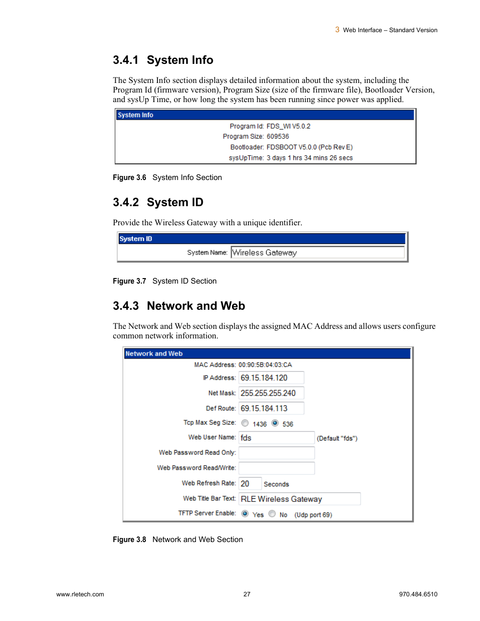 1 system info, 2 system id, 3 network and web | System info system id network and web, Figure 3.6, System info section, Figure 3.7, System id section, Figure 3.8, Network and web section | RLE FDS-Wi V.2.5 User Manual | Page 27 / 74