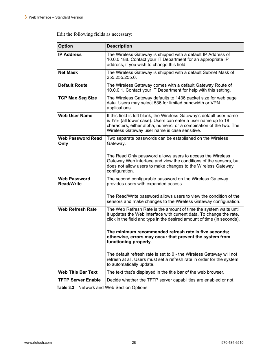 Table 3.3, Network and web section options | RLE FDS-Wi V.2.5 User Manual | Page 28 / 74