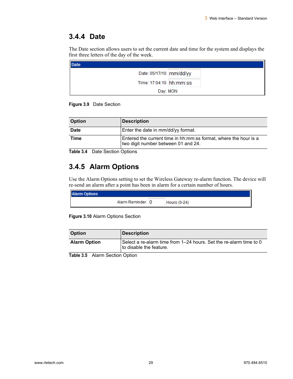 4 date, 5 alarm options, Date alarm options | Figure 3.9, Date section, Figure 3.10, Alarm options section, Table 3.4, Date section options, Table 3.5 | RLE FDS-Wi V.2.5 User Manual | Page 29 / 74