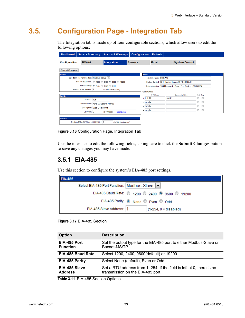 1 eia-485, Eia-485, Figure 3.16 | Figure 3.17, Eia-485 section, Table 3.11, Eia-485 section options, Configuration page - integration tab | RLE FDS-Wi V.2.5 User Manual | Page 33 / 74