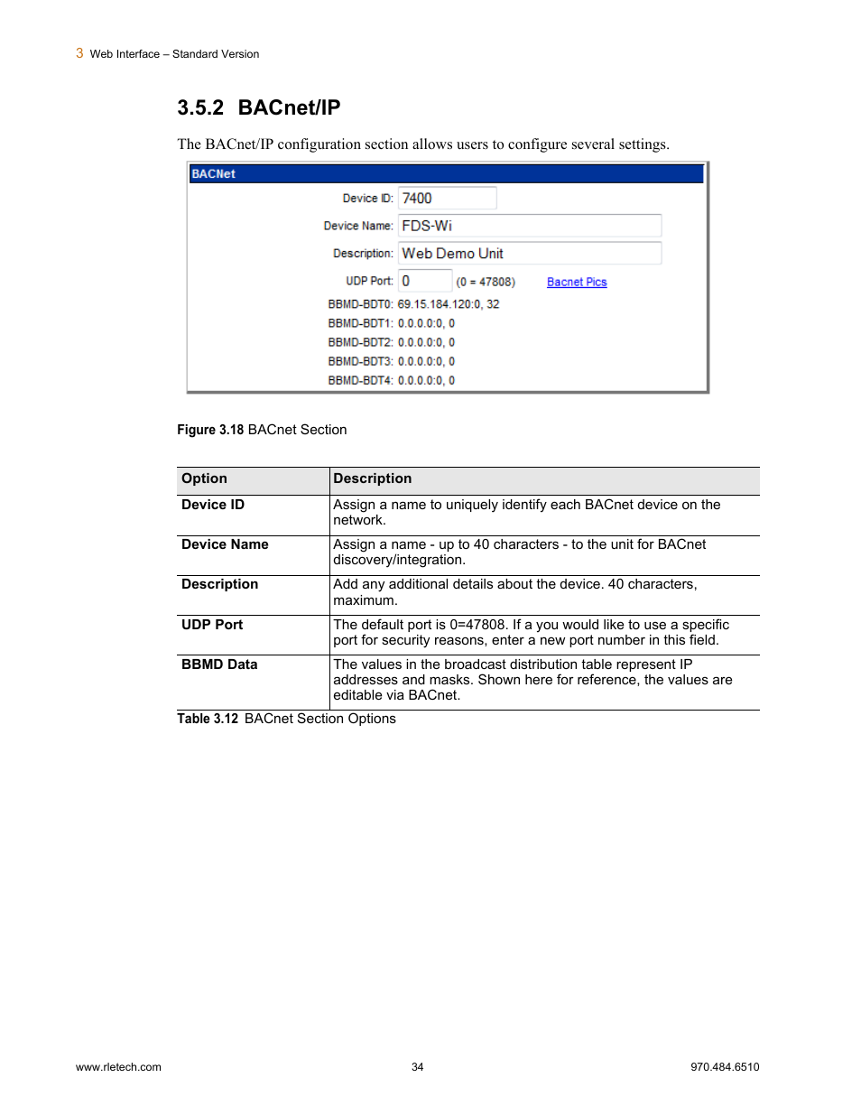2 bacnet/ip, Bacnet/ip, Figure 3.18 | Bacnet section, Table 3.12, Bacnet section options | RLE FDS-Wi V.2.5 User Manual | Page 34 / 74
