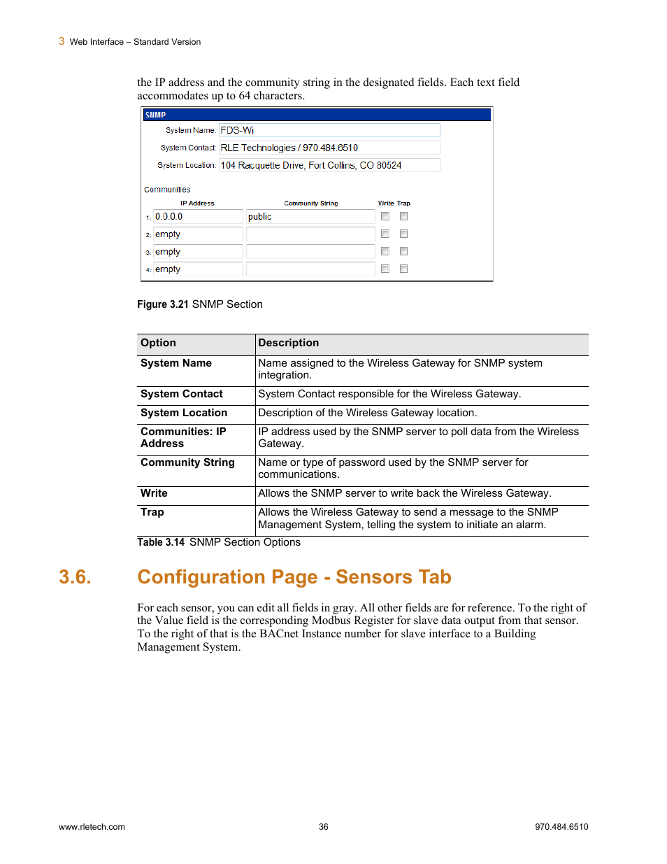 Figure 3.21, Snmp section, Table 3.14 | Snmp section options, Configuration page - sensors tab | RLE FDS-Wi V.2.5 User Manual | Page 36 / 74