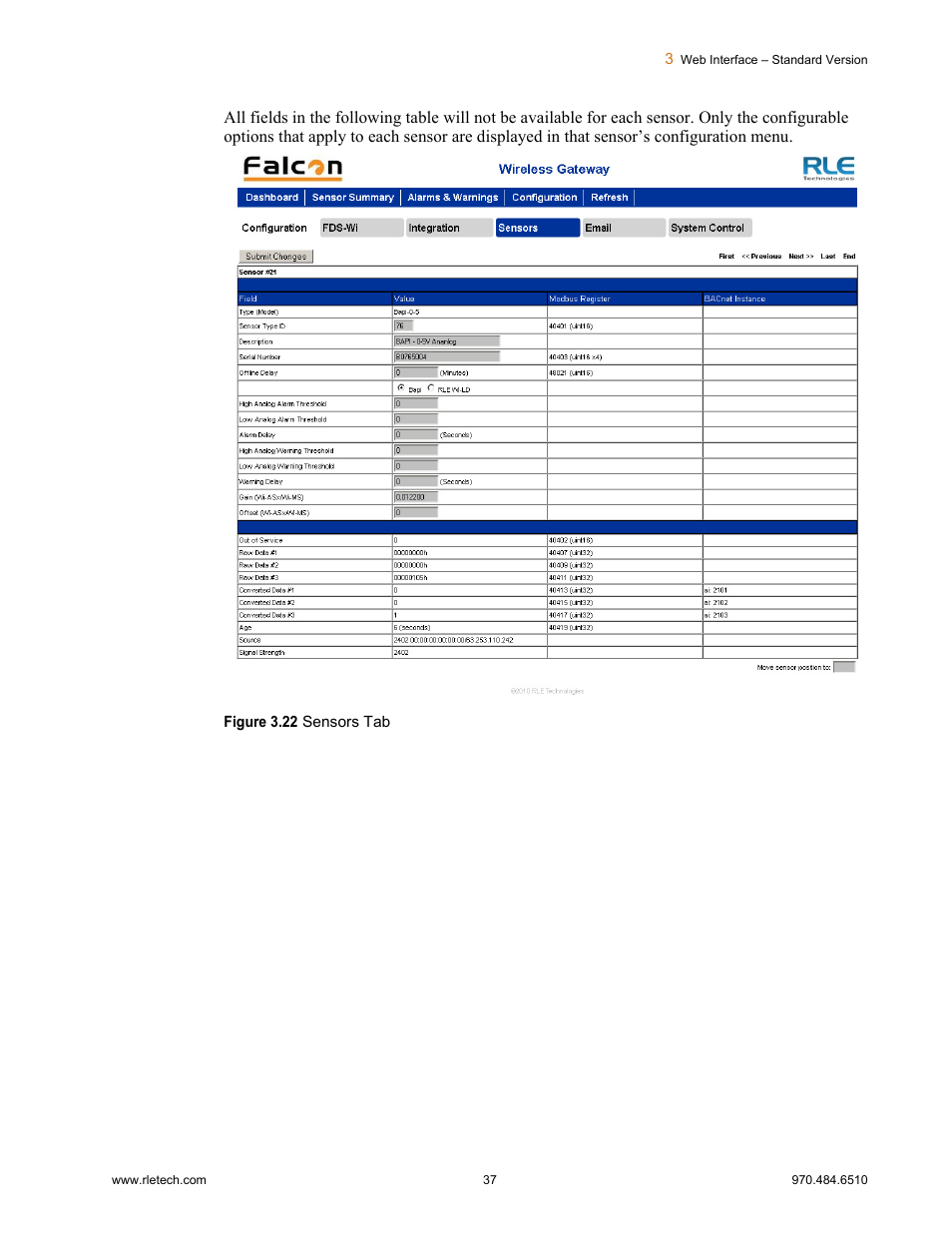 Figure 3.22, Sensors tab | RLE FDS-Wi V.2.5 User Manual | Page 37 / 74