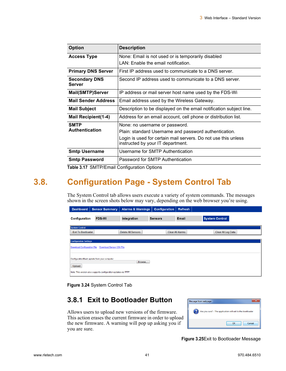 1 exit to bootloader button, Exit to bootloader button, Figure 3.24 | System control tab, Figure 3.25, Exit to bootloader message, Table 3.17, Smtp/email configuration options, Configuration page - system control tab | RLE FDS-Wi V.2.5 User Manual | Page 41 / 74