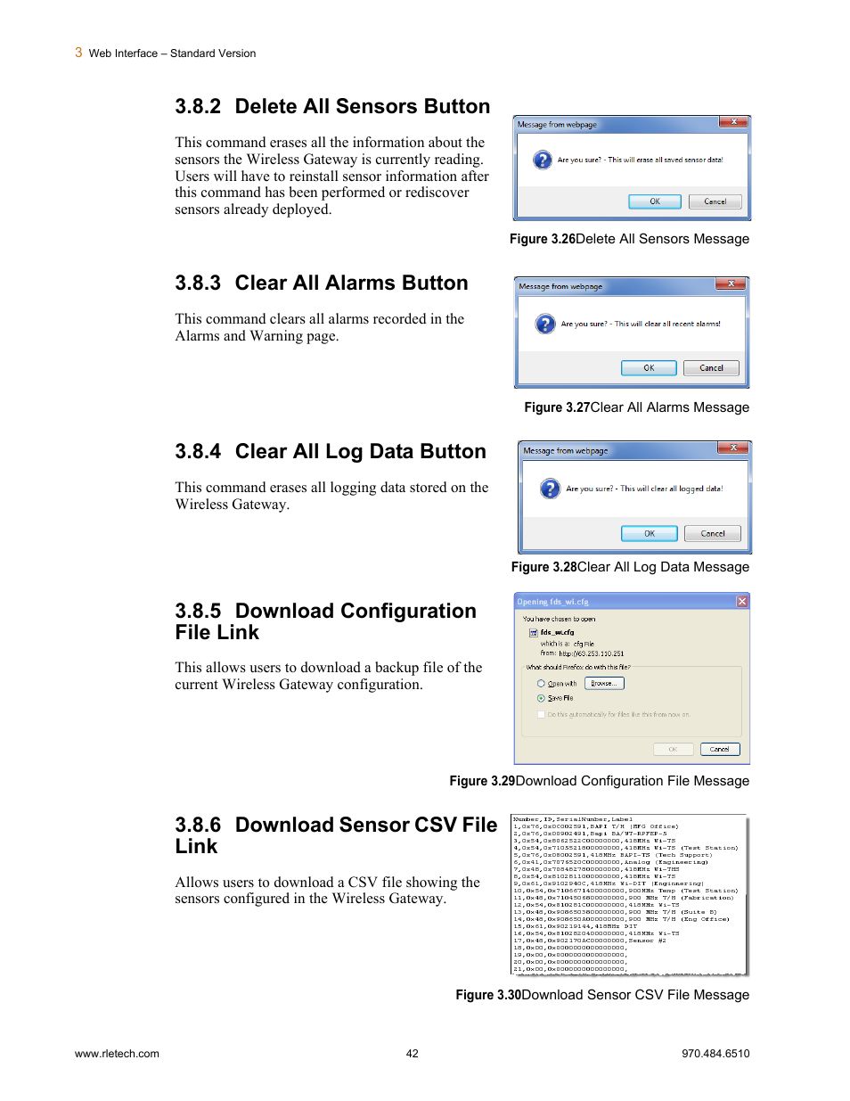 2 delete all sensors button, 3 clear all alarms button, 4 clear all log data button | 5 download configuration file link, 6 download sensor csv file link, Figure 3.26, Delete all sensors message, Figure 3.27, Clear all alarms message, Figure 3.28 | RLE FDS-Wi V.2.5 User Manual | Page 42 / 74
