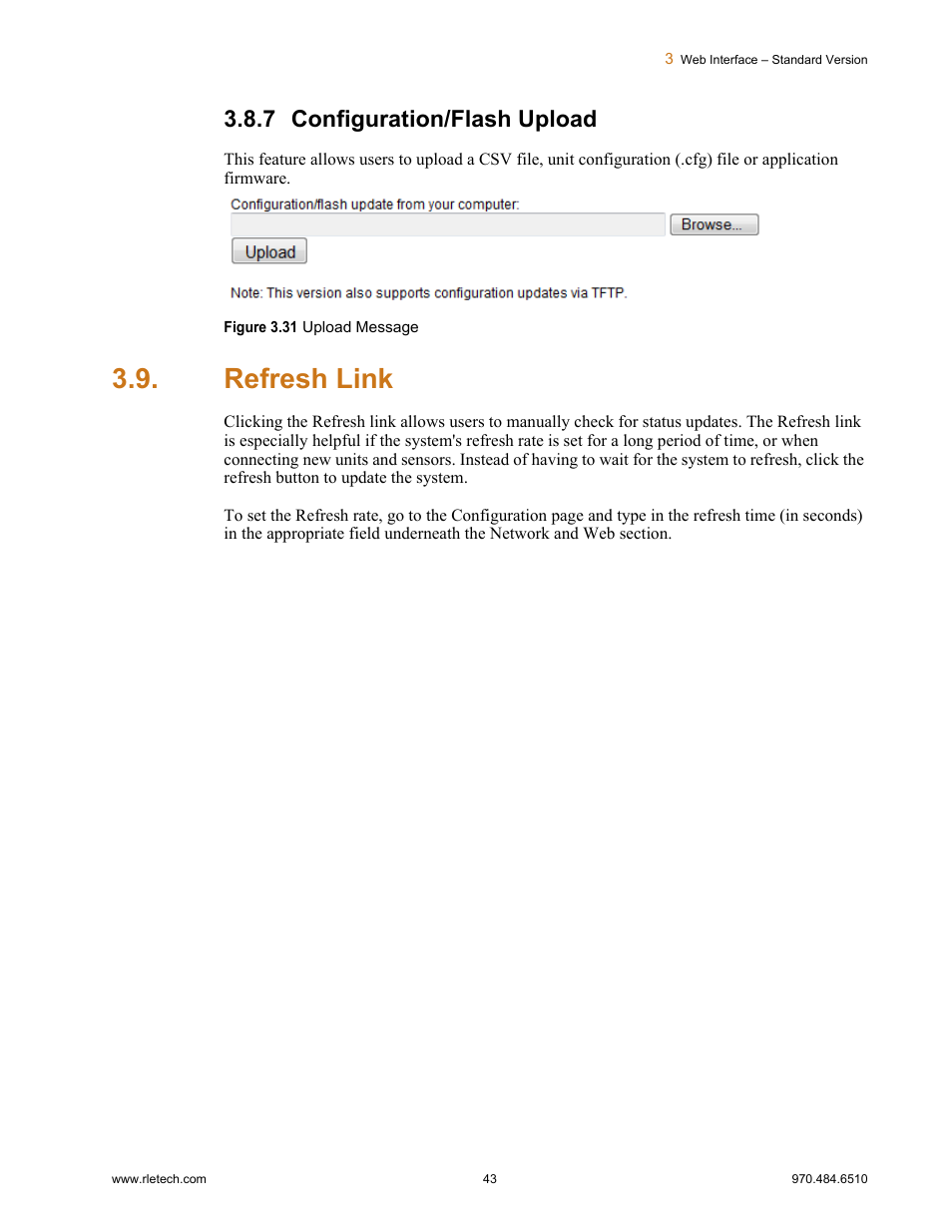7 configuration/flash upload, Refresh link, Configuration/flash upload | Figure 3.31, Upload message | RLE FDS-Wi V.2.5 User Manual | Page 43 / 74