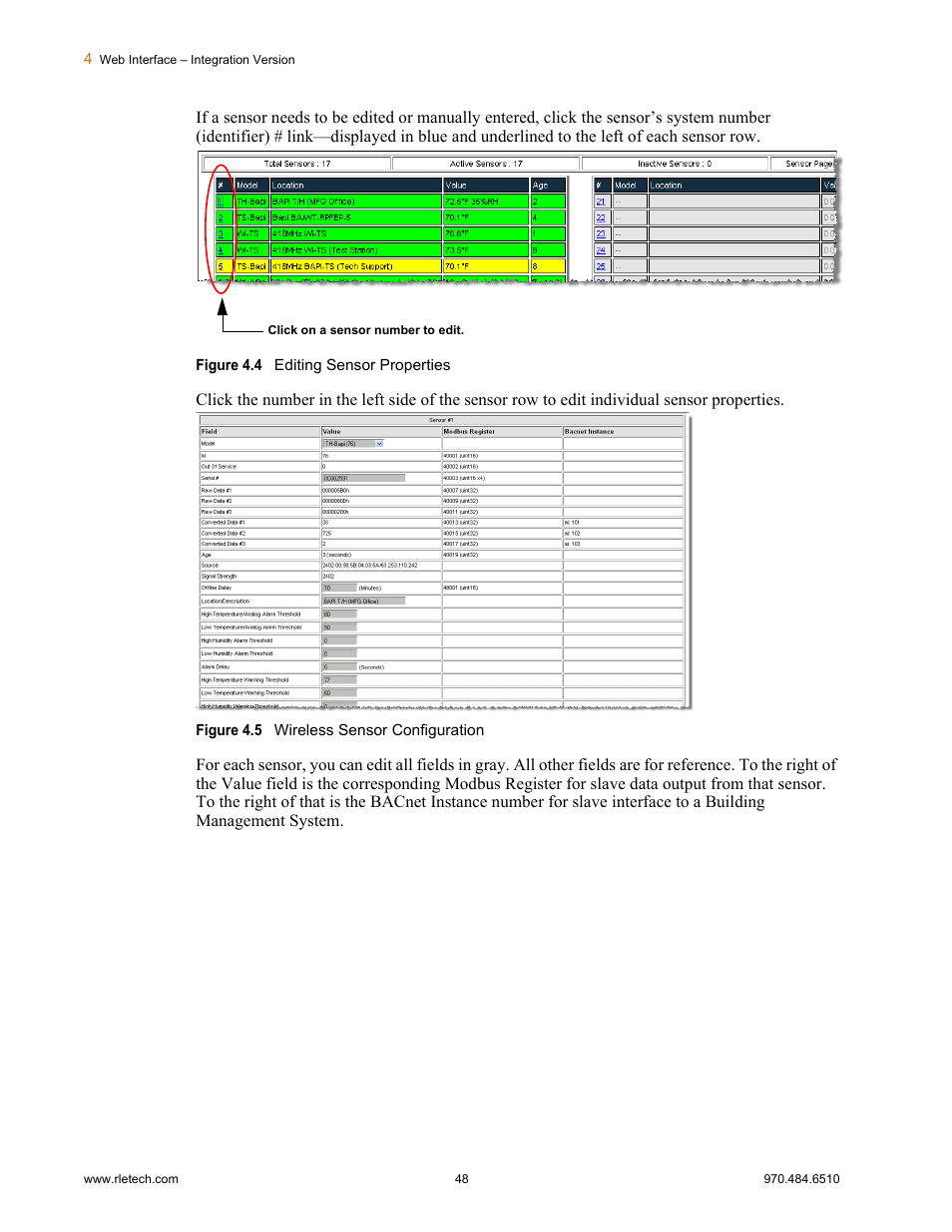 Figure 4.4, Editing sensor properties, Figure 4.5 | Wireless sensor configuration | RLE FDS-Wi V.2.5 User Manual | Page 48 / 74
