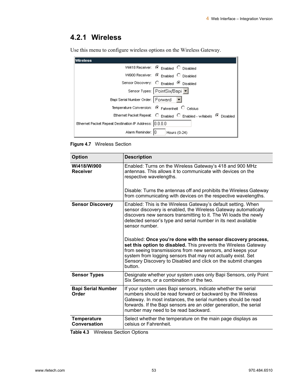 1 wireless, Wireless, Figure 4.7 | Wireless section, Table 4.3, Wireless section options | RLE FDS-Wi V.2.5 User Manual | Page 53 / 74