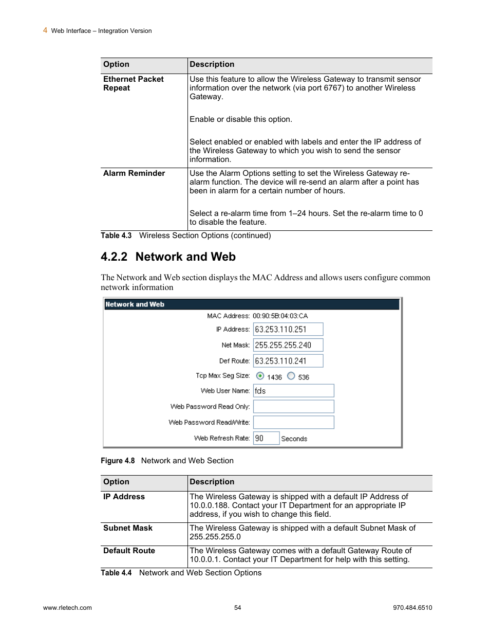 2 network and web, Network and web, Figure 4.8 | Network and web section, Table 4.4, Network and web section options | RLE FDS-Wi V.2.5 User Manual | Page 54 / 74