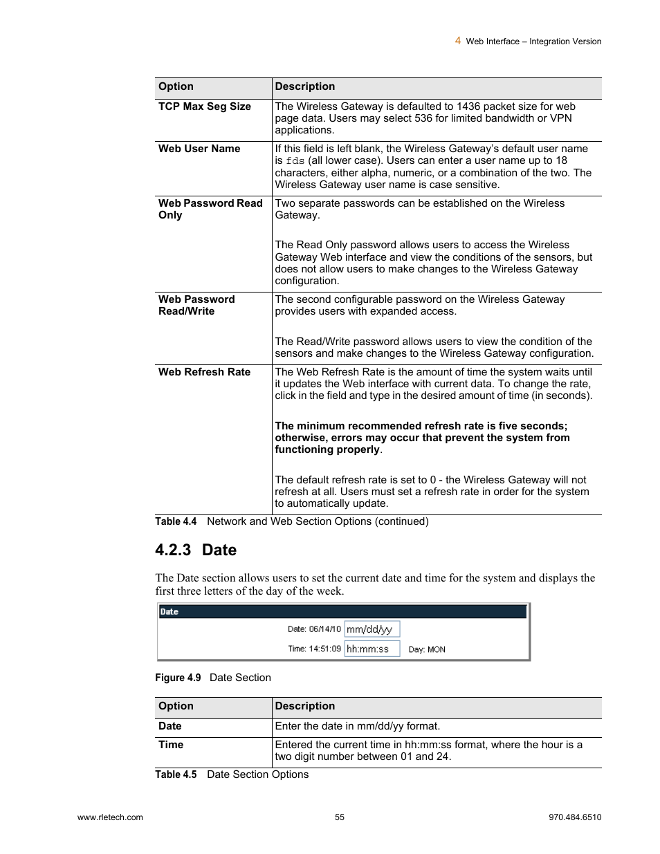 3 date, Date, Figure 4.9 | Date section, Table 4.5, Date section options | RLE FDS-Wi V.2.5 User Manual | Page 55 / 74