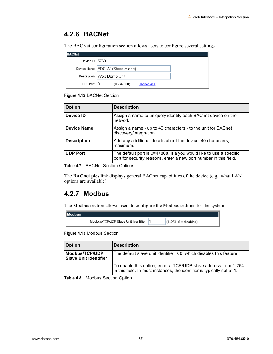6 bacnet, 7 modbus, Bacnet modbus | Figure 4.12, Bacnet section, Figure 4.13, Modbus section, Table 4.7, Bacnet section options, Table 4.8 | RLE FDS-Wi V.2.5 User Manual | Page 57 / 74