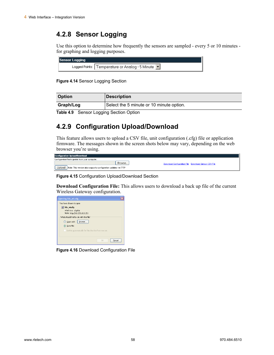8 sensor logging, 9 configuration upload/download, Sensor logging configuration upload/download | Figure 4.14, Sensor logging section, Figure 4.15, Configuration upload/download section, Figure 4.16, Download configuration file, Table 4.9 | RLE FDS-Wi V.2.5 User Manual | Page 58 / 74