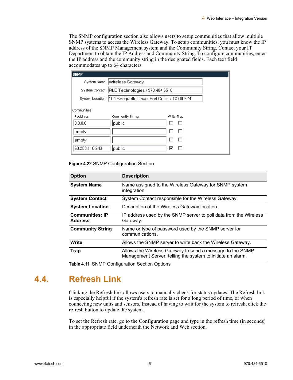 Refresh link, Figure 4.22, Snmp configuration section | Table 4.11, Snmp configuration section options | RLE FDS-Wi V.2.5 User Manual | Page 61 / 74