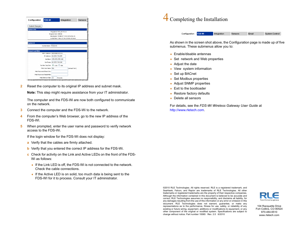 Completing the installation | RLE FDS-Wi Quick Start User Manual | Page 2 / 2