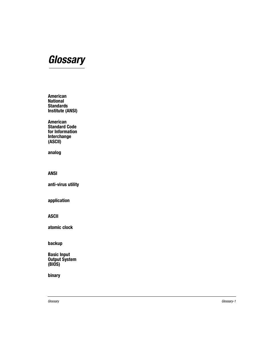Glossary, American national standards institute (ansi), Analog | Ansi, See american national standards institute, Anti-virus utility, Application, Ascii, Atomic clock, Backup | Compaq Presario EZ Series User Manual | Page 108 / 133