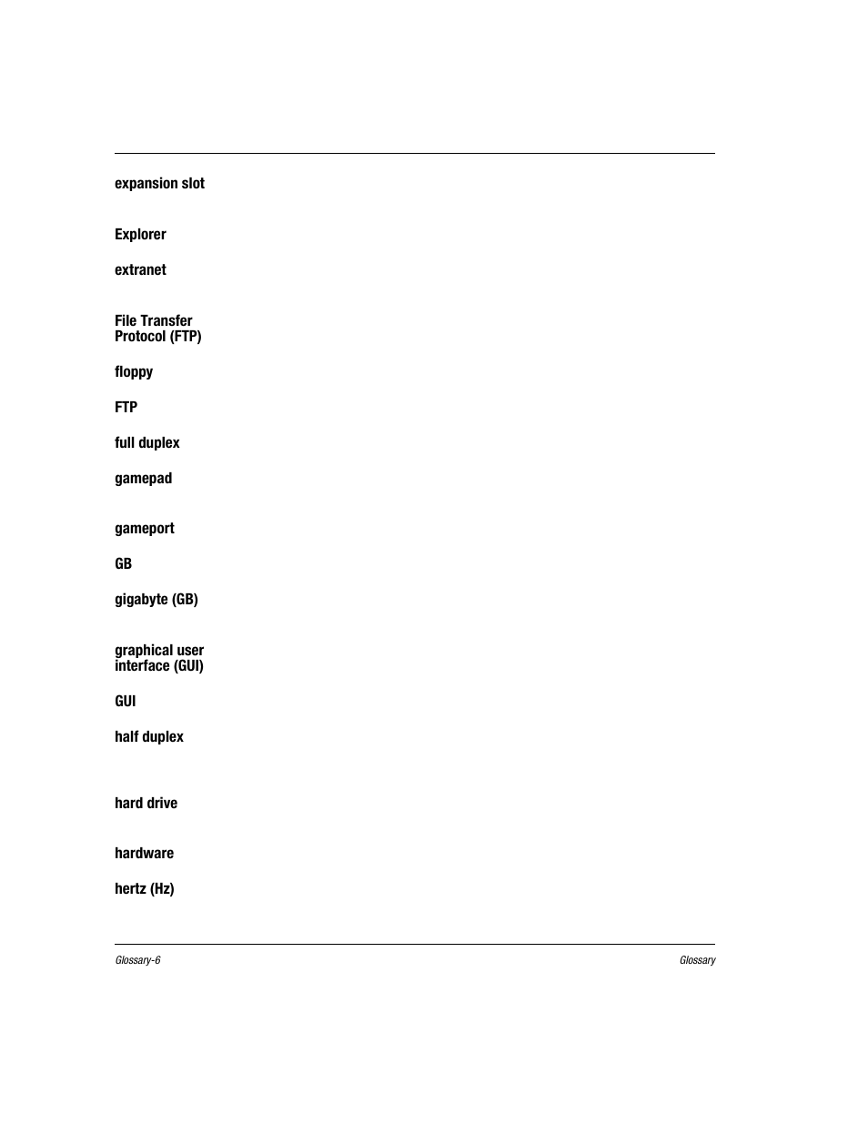 Expansion slot, Explorer, Extranet | File transfer protocol (ftp), Floppy, See file transfer protocol, Full duplex, See duplex, Gamepad, Gameport | Compaq Presario EZ Series User Manual | Page 113 / 133
