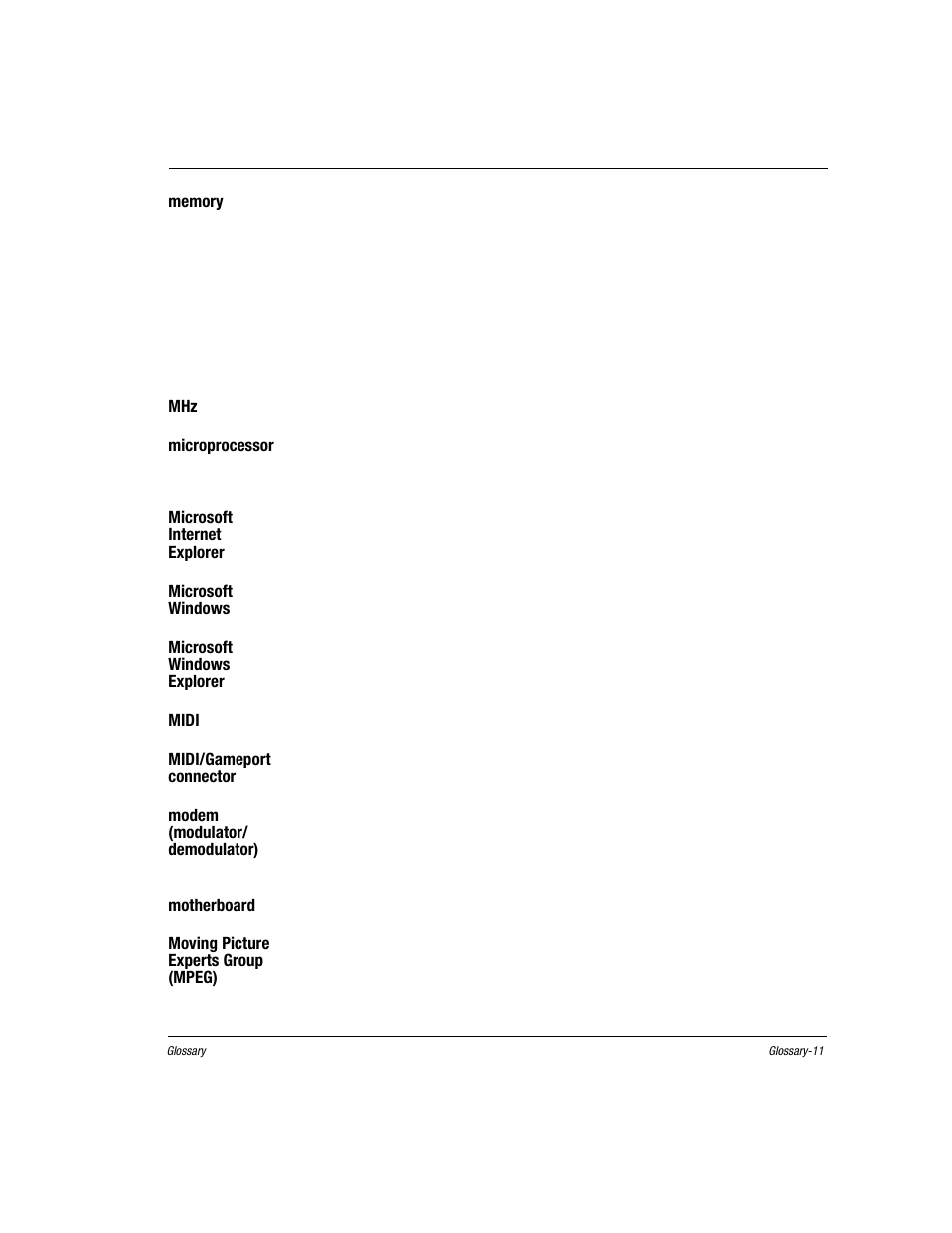 Memory, See megahertz, Microprocessor | Microsoft internet explorer, Microsoft windows, Microsoft windows explorer, Midi, See musical instrument digital interface, Midi/gameport connector, Modem (modulator/ demodulator) | Compaq Presario EZ Series User Manual | Page 118 / 133