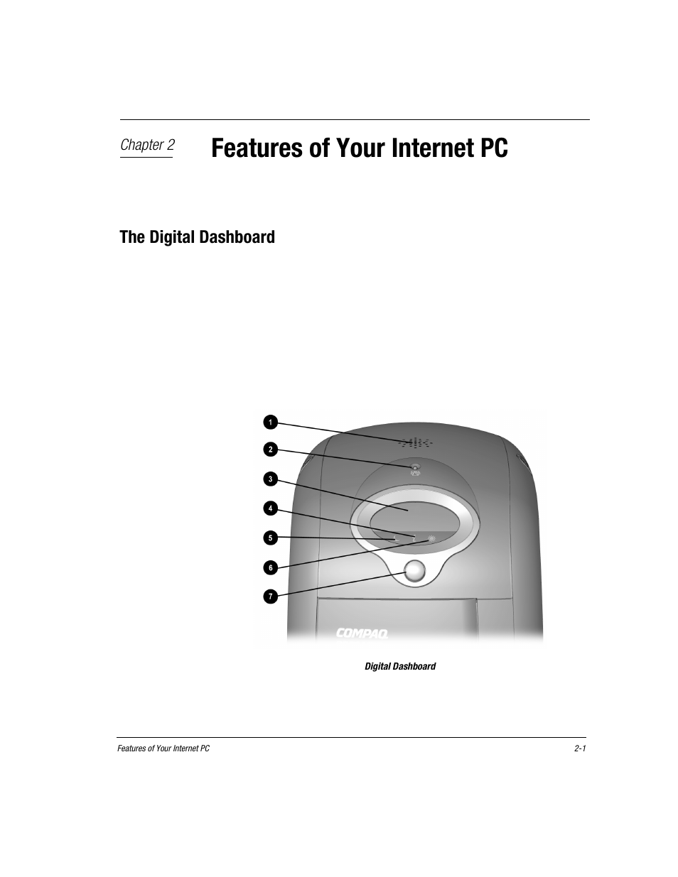 Chapter 2, Features of your internet pc, The digital dashboard | Digital dashboard, Chapter 2 features of your internet pc, The digital dashboard -1 | Compaq Presario EZ Series User Manual | Page 12 / 133