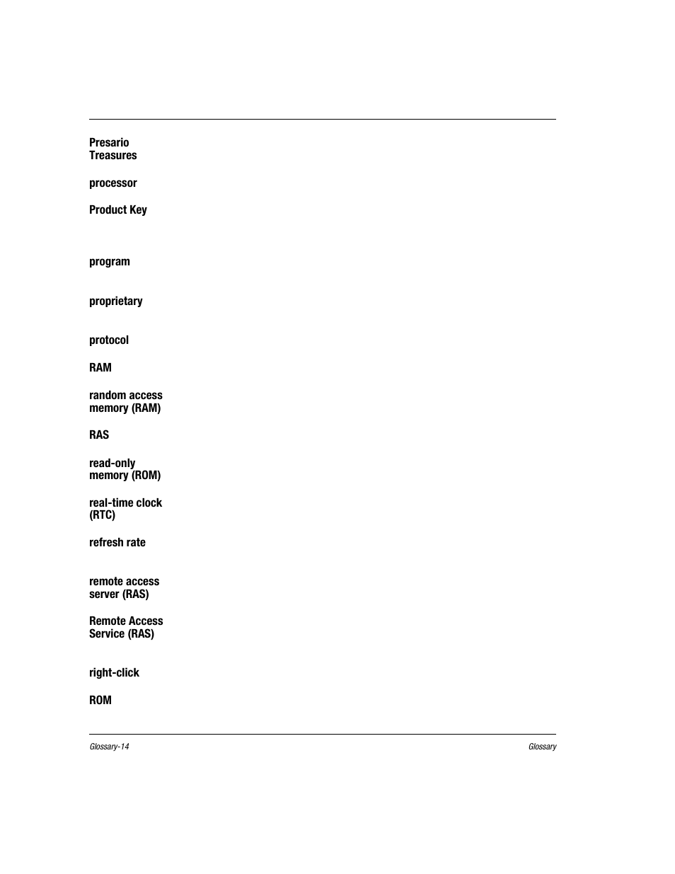 Presario treasures, Processor, See microprocessor | Product key, Program, Proprietary, Protocol, A formal standard or instruction set, See memory, Random access memory (ram) | Compaq Presario EZ Series User Manual | Page 121 / 133