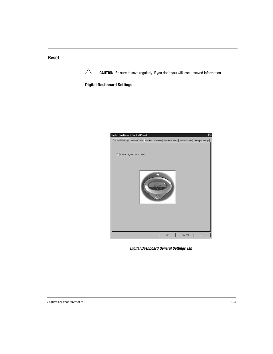 Reset, Digital dashboard settings, Click start, then settings, then control panel | Digital dashboard general settings tab, Reset -3 | Compaq Presario EZ Series User Manual | Page 14 / 133