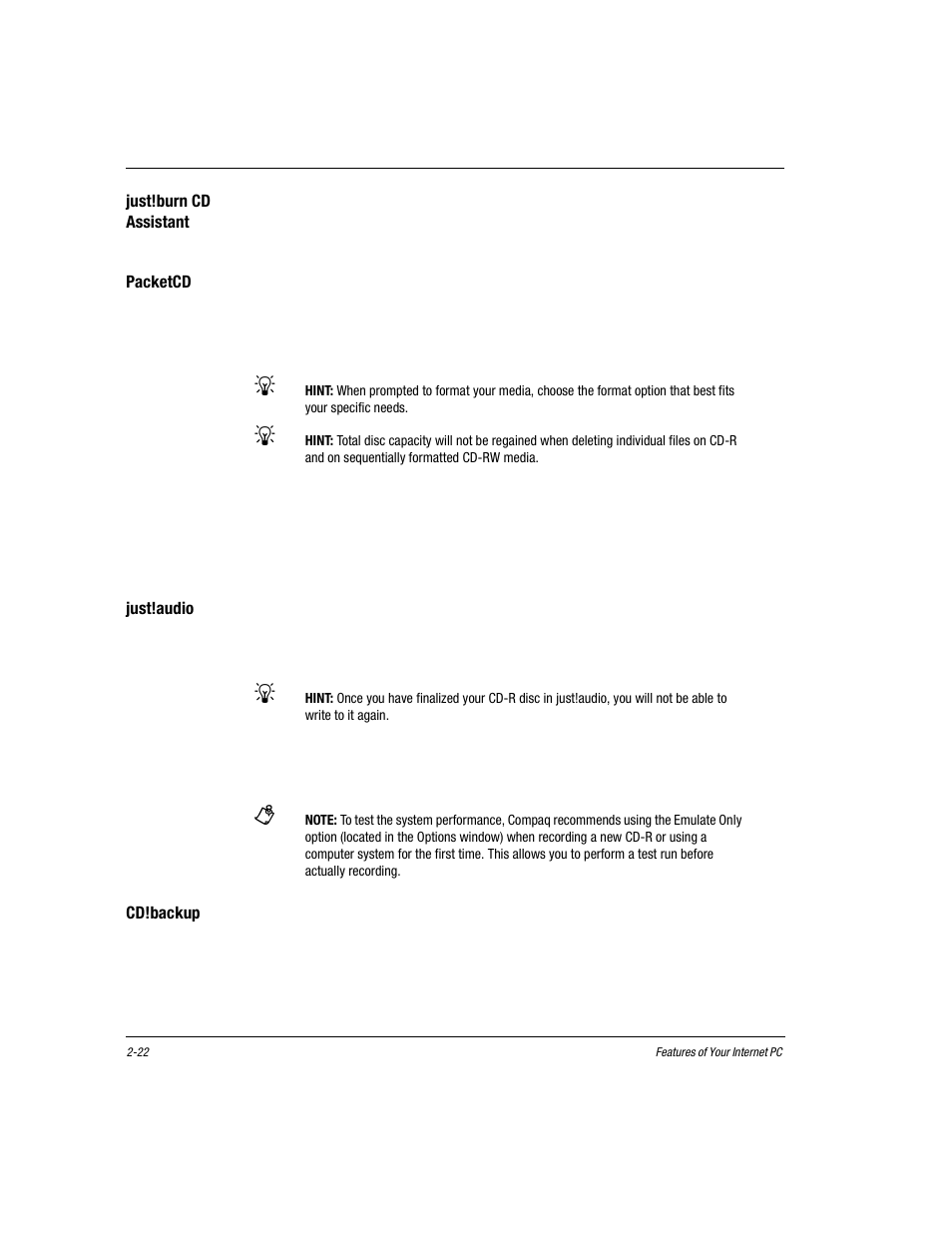 Just!burn cd assistant, Packetcd, Just!audio | Cd!backup, Just!burn cd assistant -22, Packetcd -22, Just!audio -22, Cd!backup -22 | Compaq Presario EZ Series User Manual | Page 33 / 133